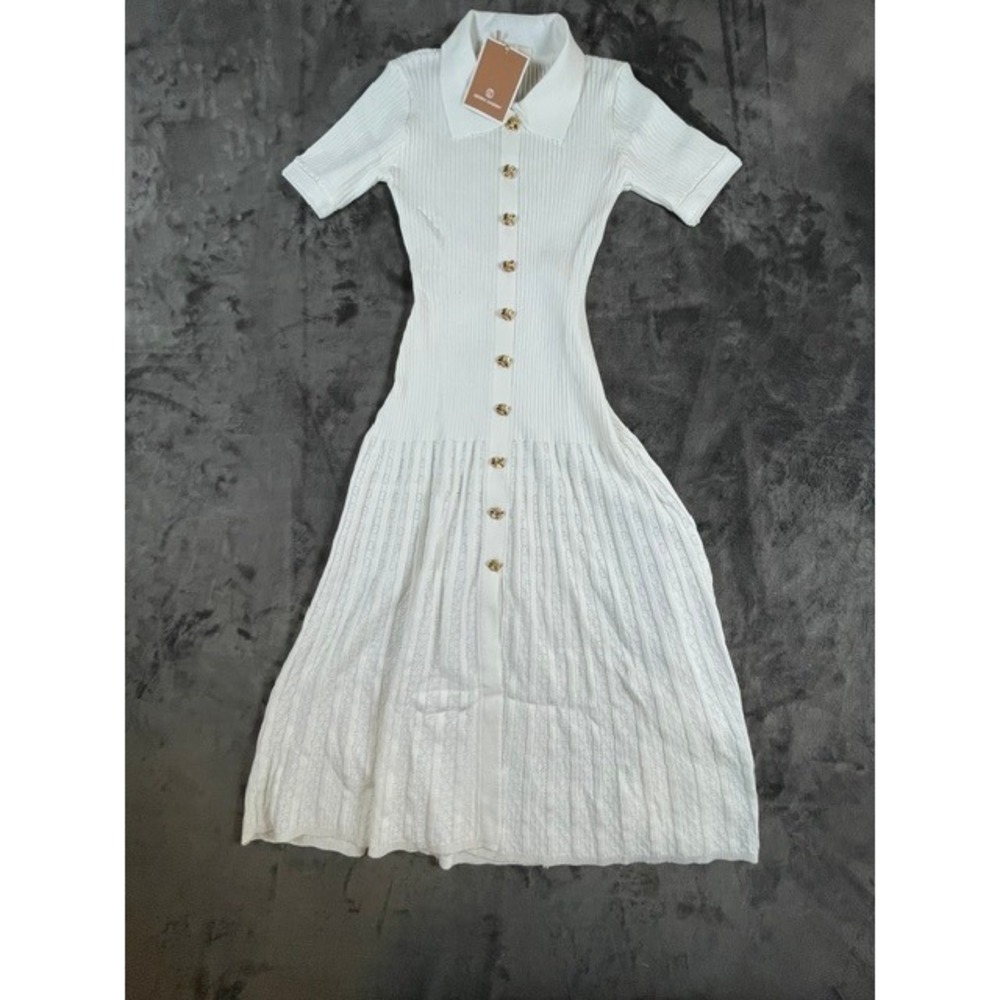 Sierra Darien White Ribbed Knit Button Down Midi Dress Gold Buttons Small NWT